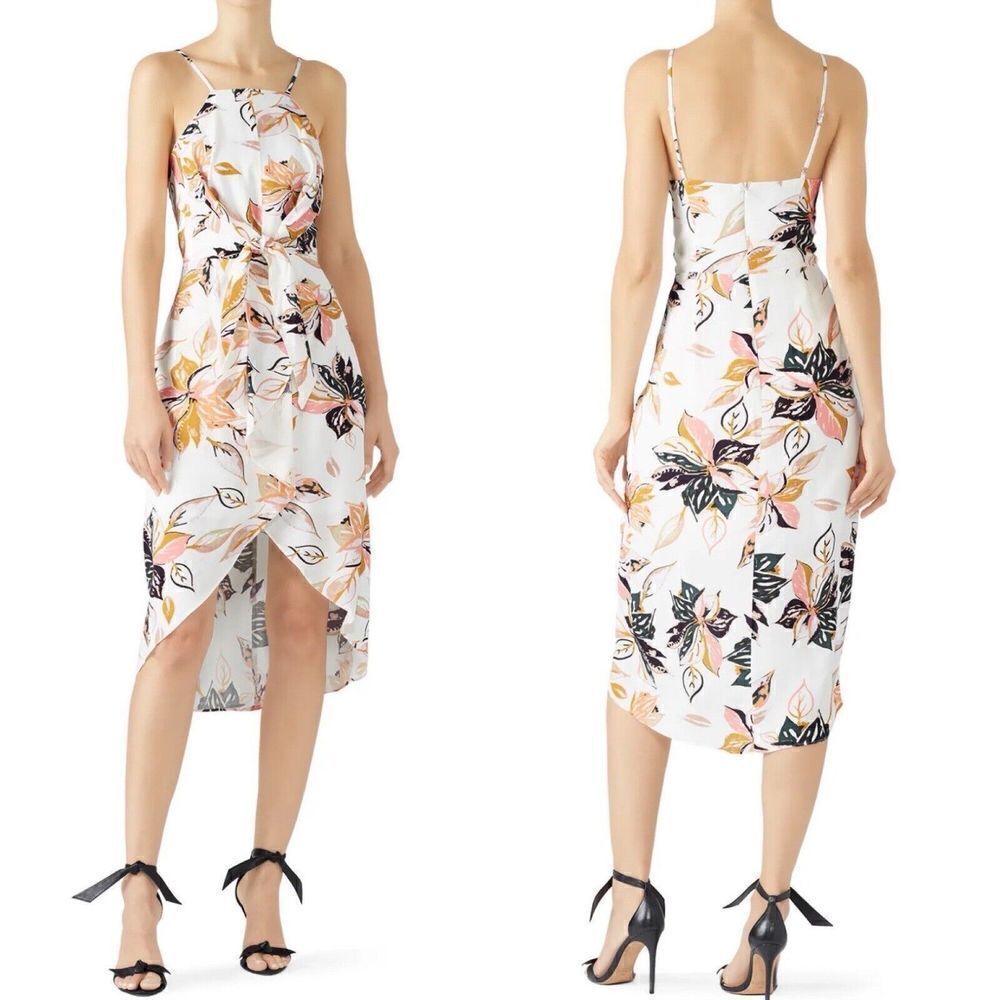 WISH Dress Womens XS Wild Flower Midi Ivory Pink Floral Knot Front Sleeveless